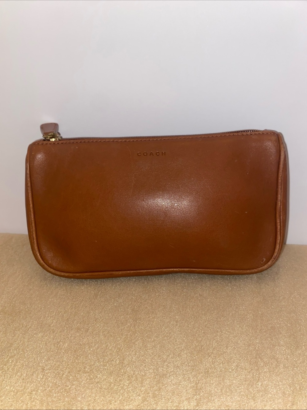 Coach Leather Travel Toiletry Pouch in Cognac Brown